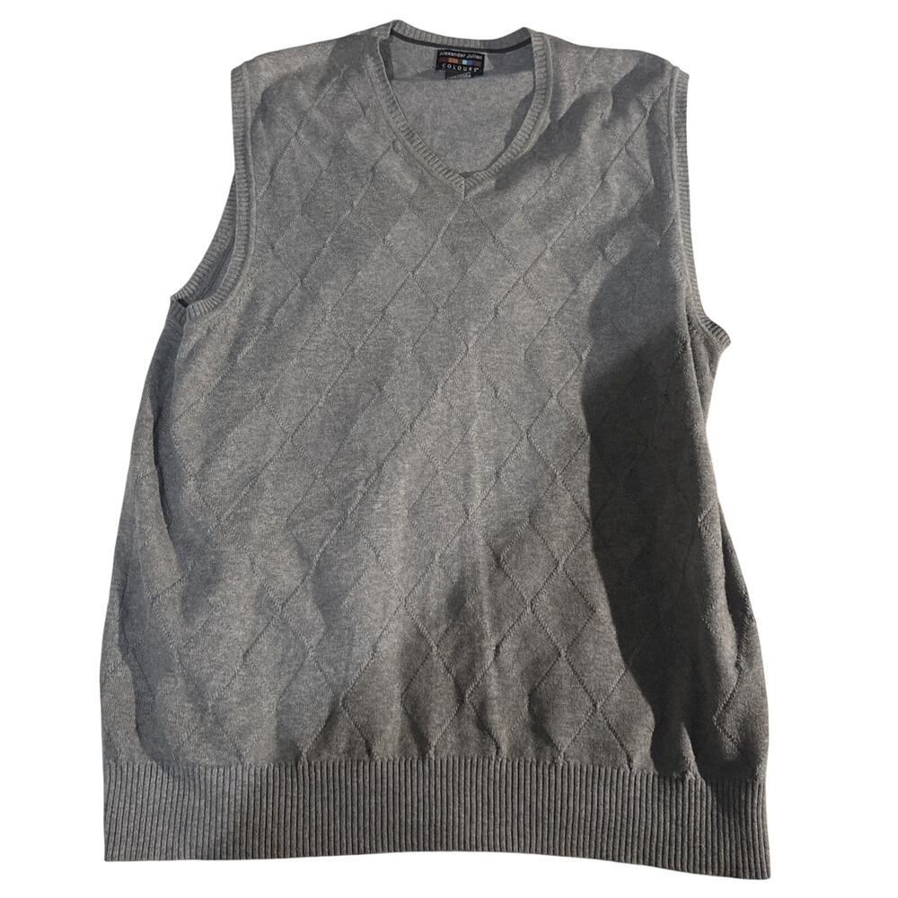 Alexander Julian Colours Tight Knit Sweater Vest Mens XL Argyle Gray 100% Cotton